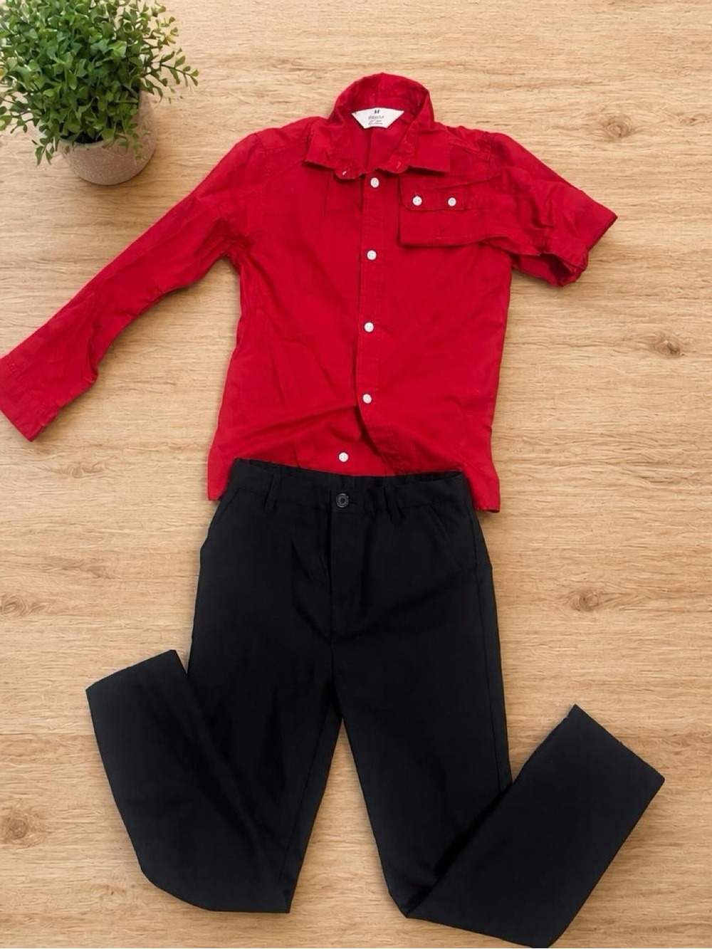 Red Button-Up Shirt with Black Suit Pants